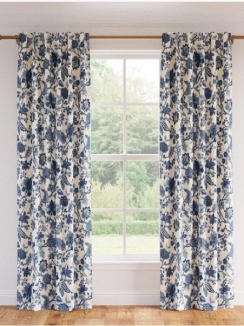 Blue Floral Drapery Panels on Cream Background